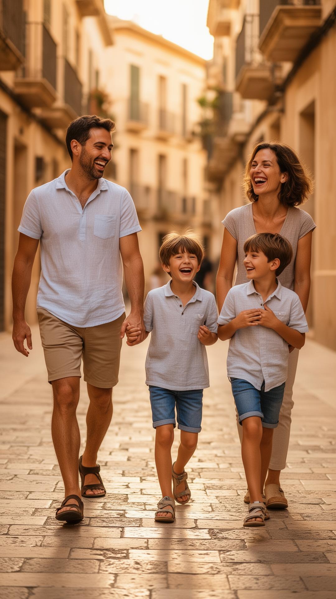 A family laughing together on a sunlit street in Palma de Mallorca