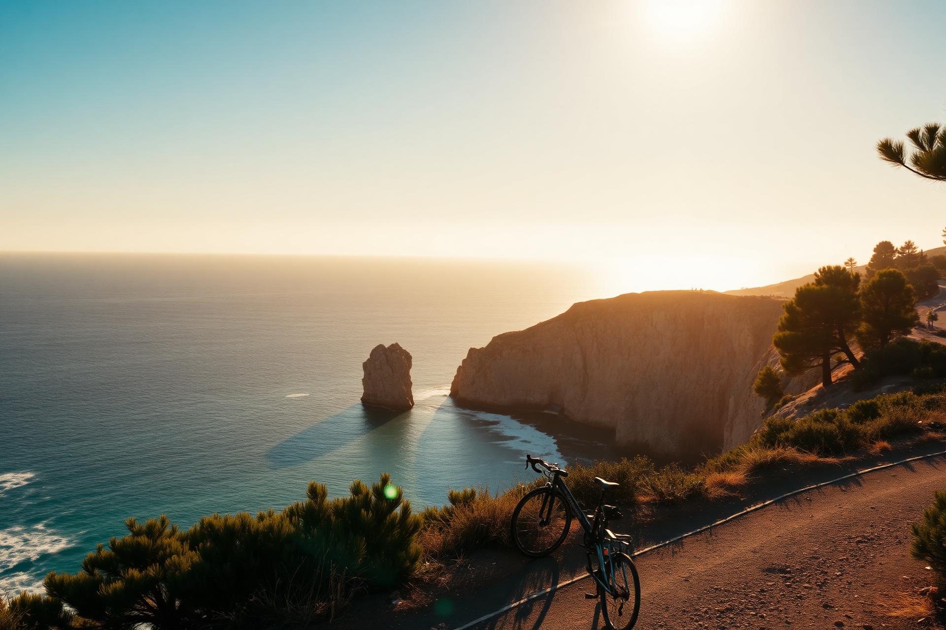 Cyclist on the Mallorca coastline at golden hour