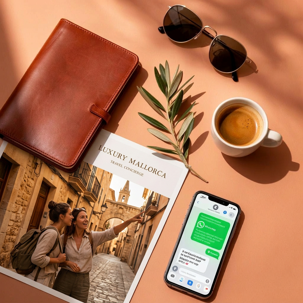 A leather notebook, vintage Mallorca map and a phone showing a WhatsApp chat