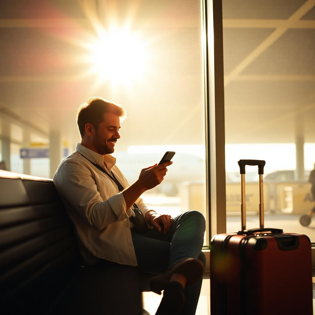 Traveler messaging on their phone in an airport terminal