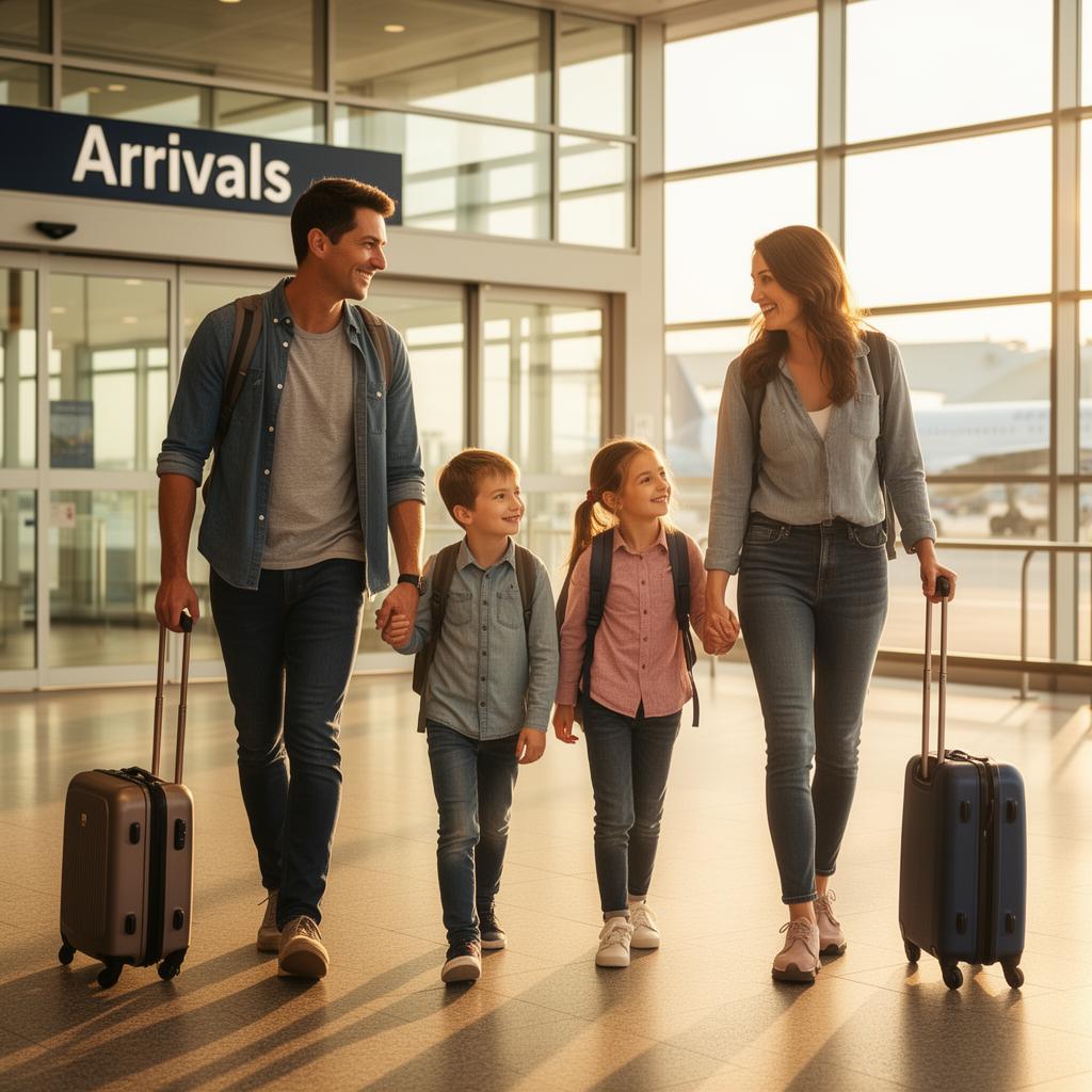 Happy family leaving an airport with suitcases