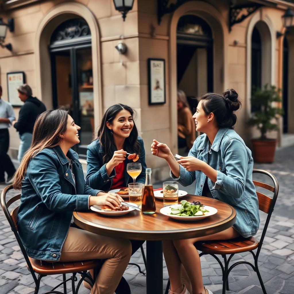 Friends laughing at an outdoor cafe