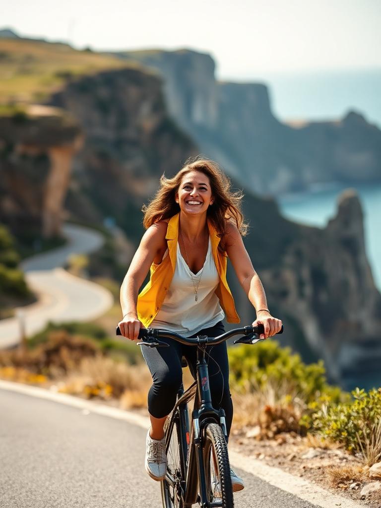 Woman cycling along a scenic coastal cliff road