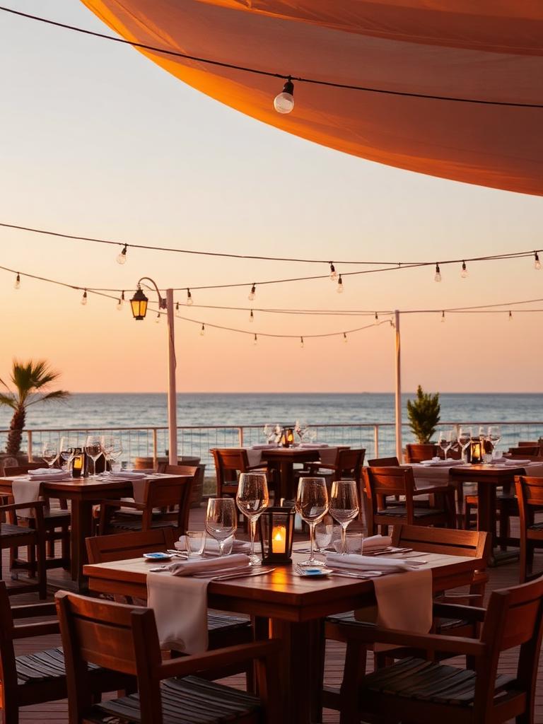 Seaside restaurant terrace at golden hour